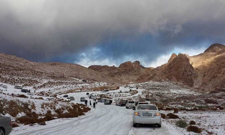 بالفيديو.. سقوط البرد على مرتفعات جبل اللوز في تبوك