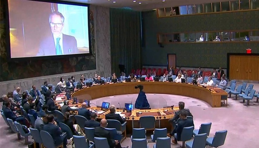 المدير العام للوكالة الدولية للطاقة الذرية رافايل غروسي أمام مجلس الأمن أمس الثلاثاء (تويتر)