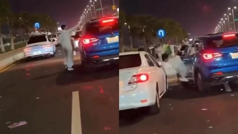 شاهد شاب يتعرض لحادث أليم أثناء سيره بين السيارات في اليوم الوطني السعودي